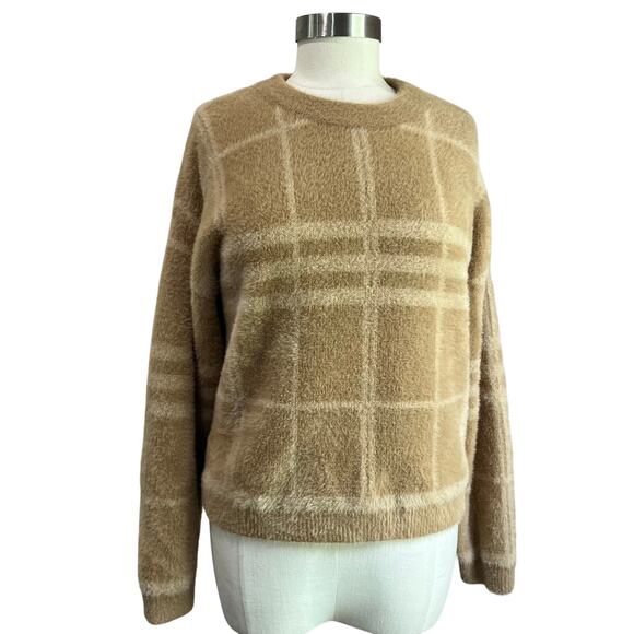 Cyrus Women's Boden Plaid Fuzzy Cozy Tan & Cream Sweater Sz M - Picture 1 of 7